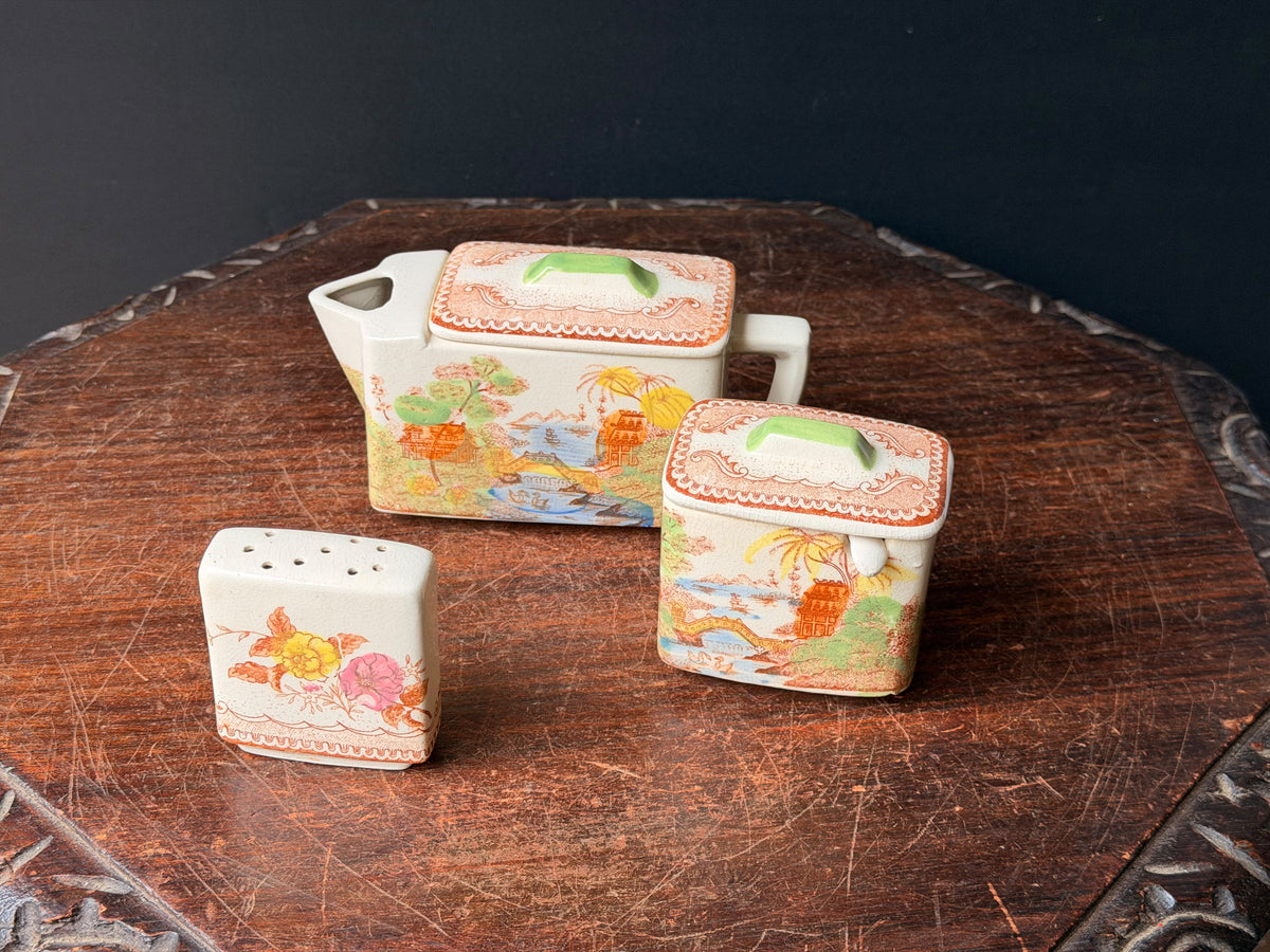 Vintage Japan Rectangular Teapot Lidded Pot Shaker Set Hand Painted Pagoda