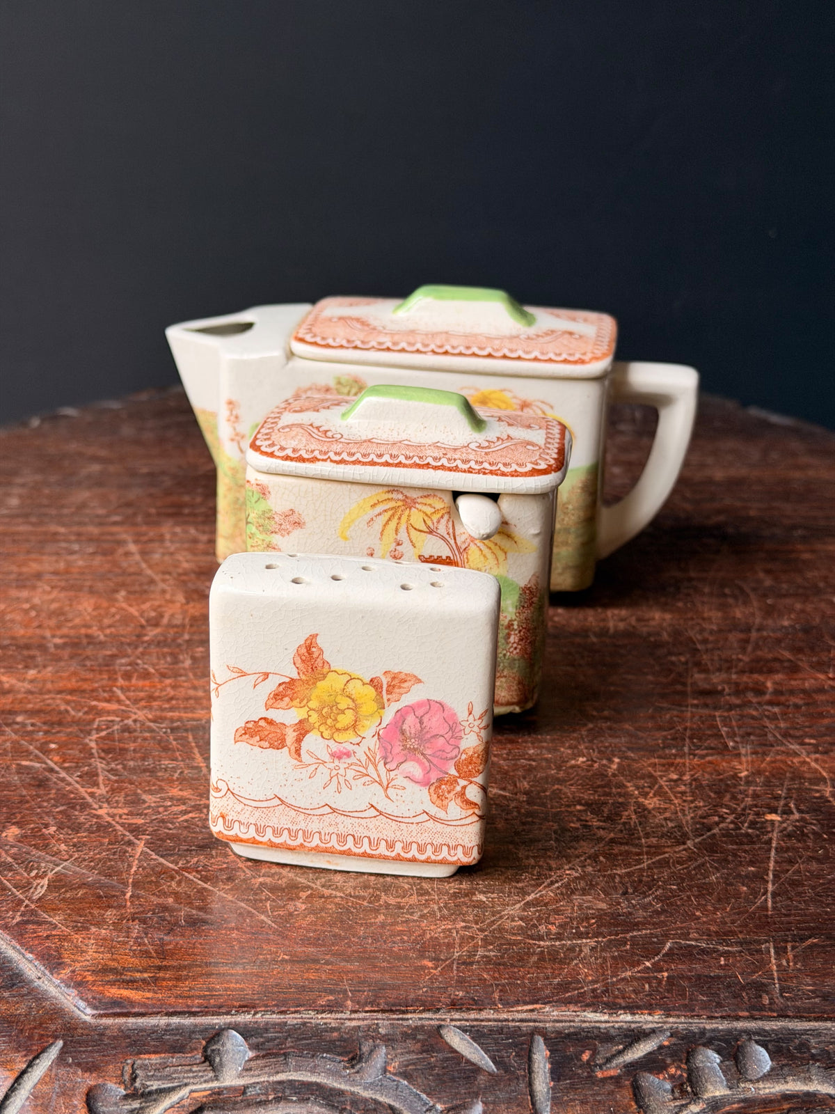 Vintage Japan Rectangular Teapot Lidded Pot Shaker Set Hand Painted Pagoda