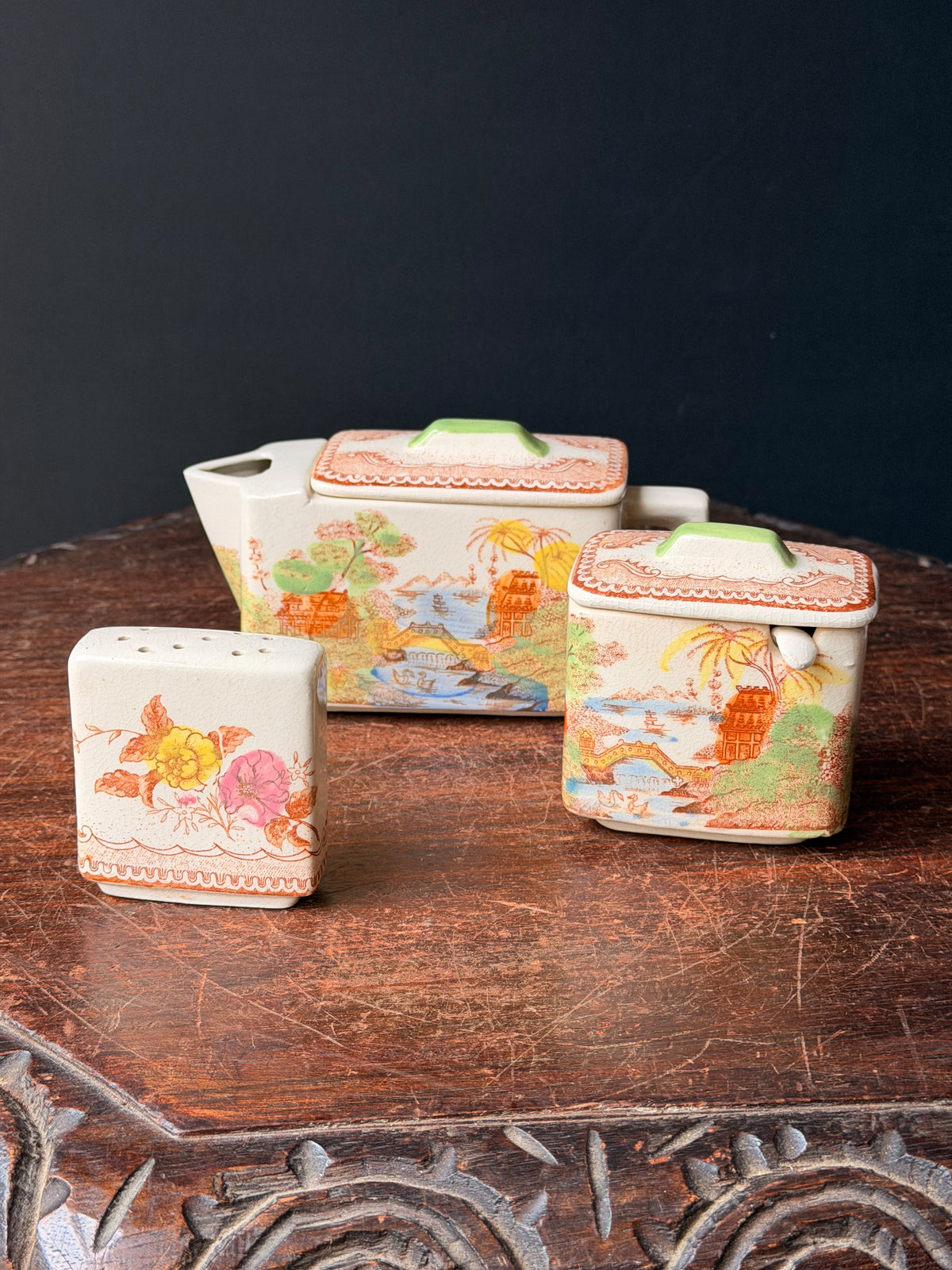 Vintage Japan Rectangular Teapot Lidded Pot Shaker Set Hand Painted Pagoda