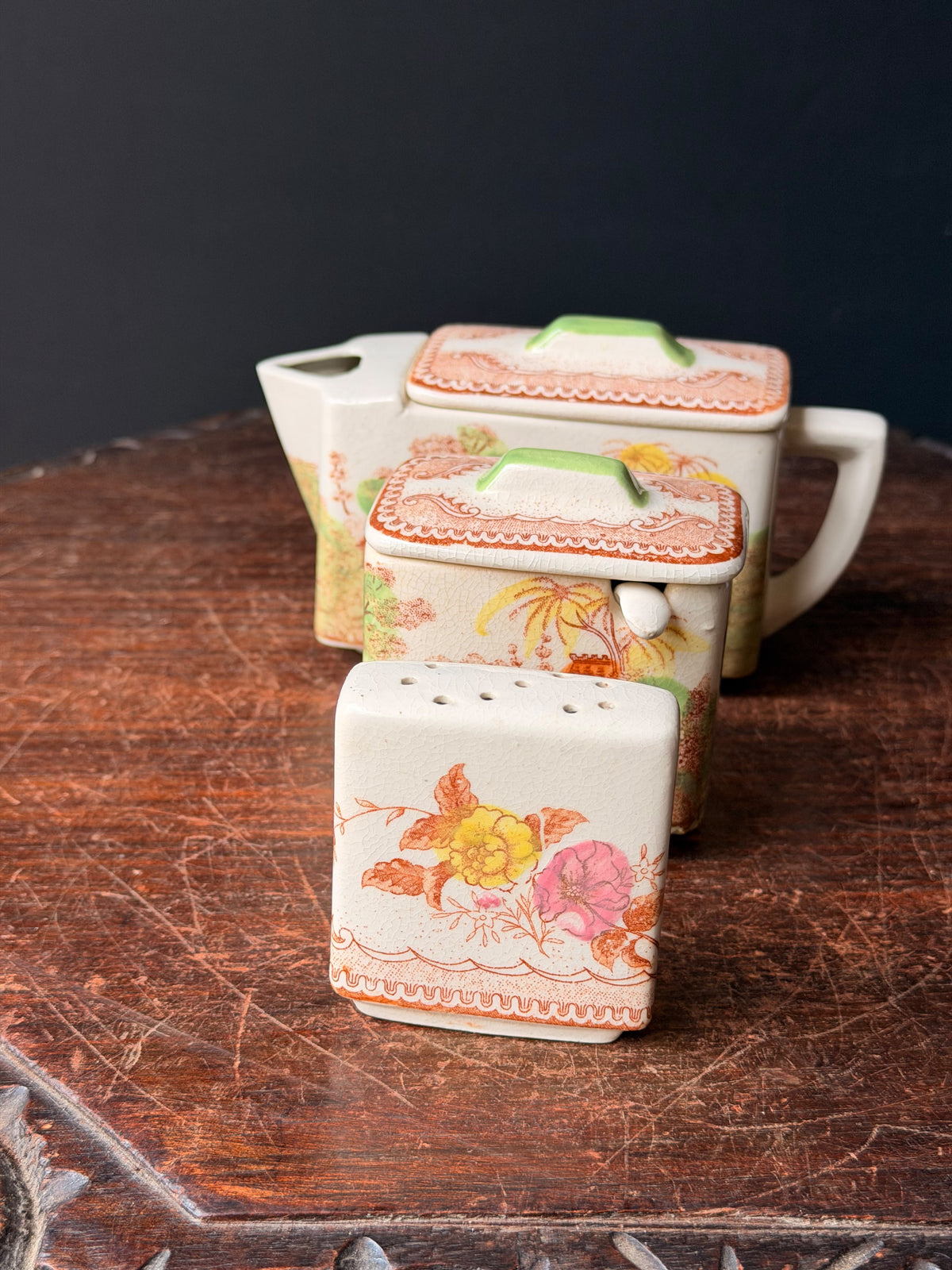 Vintage Japan Rectangular Teapot Lidded Pot Shaker Set Hand Painted Pagoda