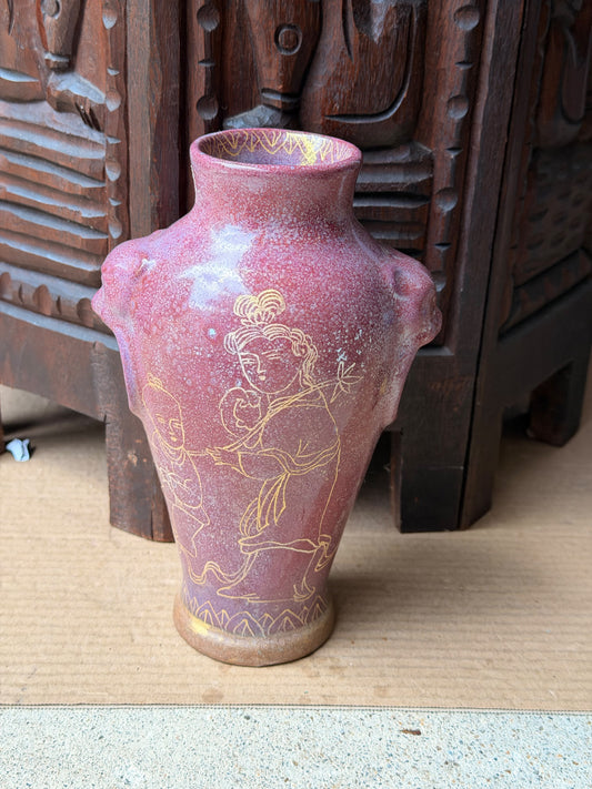 Chinese Style Red Speckled Glaze Vase Gold Lady Child Lotus Mask Handles 8.5 in