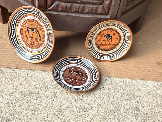 Vintage Greek Copper Plates Set of 3 Hand Painted Deer Bird Greek Key 4-4.6 in