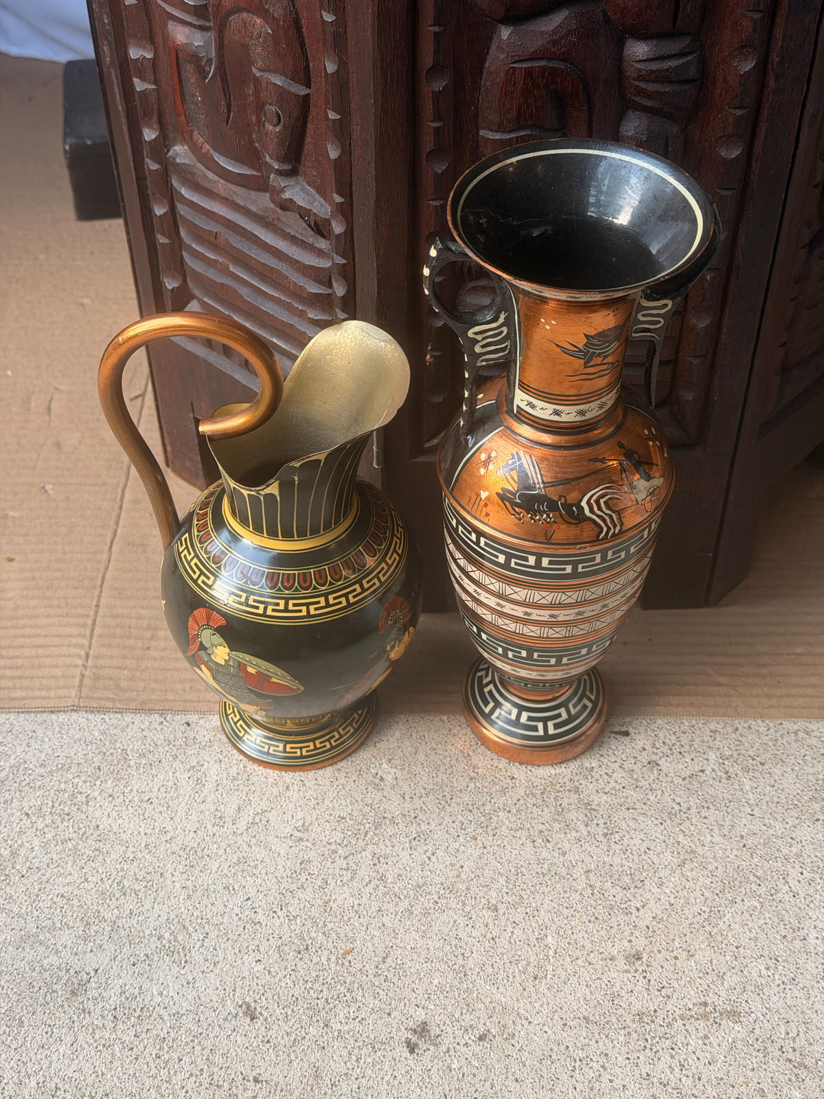 Vintage Greek Copper Vase and Pitcher Pair Hand Painted Chariot Warriors 10.8 in