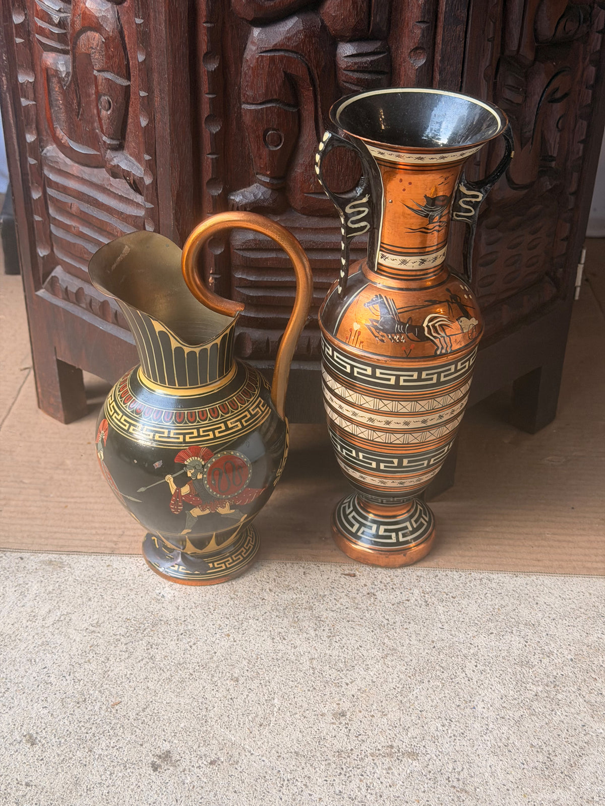 Vintage Greek Copper Vase and Pitcher Pair Hand Painted Chariot Warriors 10.8 in