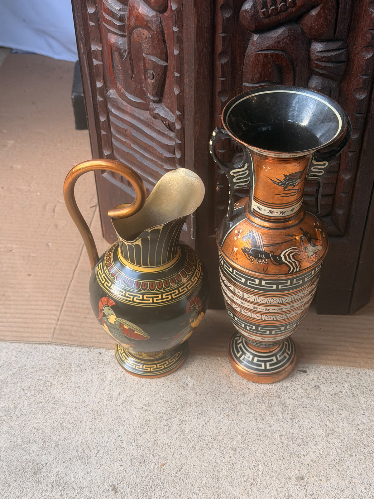 Vintage Greek Copper Vase and Pitcher Pair Hand Painted Chariot Warriors 10.8 in