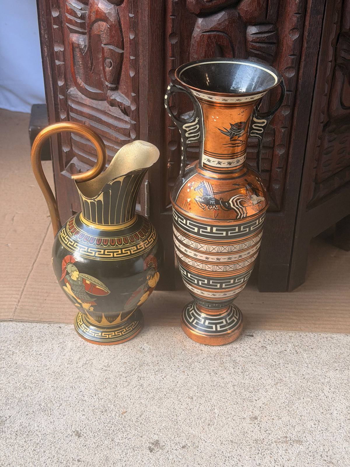Vintage Greek Copper Vase and Pitcher Pair Hand Painted Chariot Warriors 10.8 in