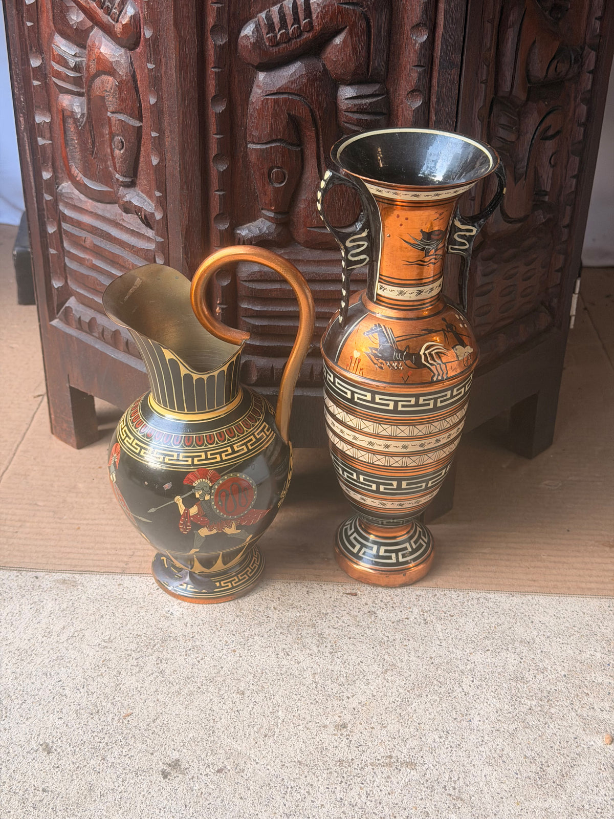 Vintage Greek Copper Vase and Pitcher Pair Hand Painted Chariot Warriors 10.8 in