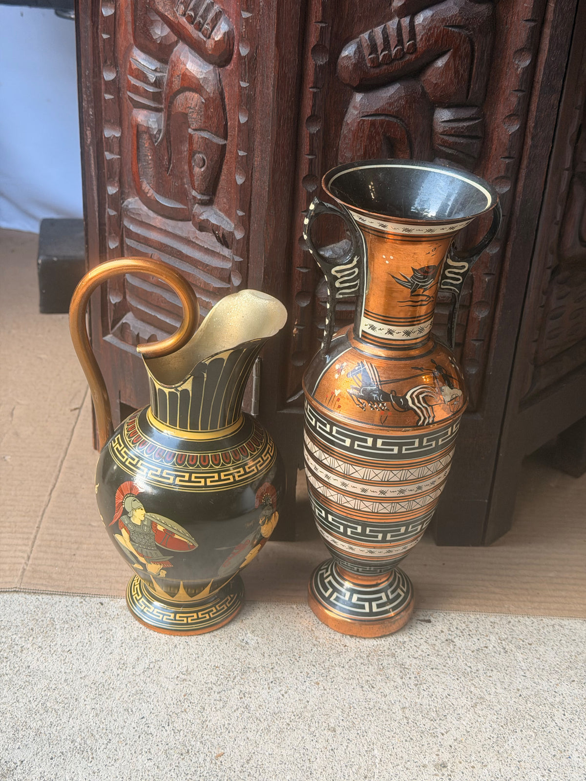 Vintage Greek Copper Vase and Pitcher Pair Hand Painted Chariot Warriors 10.8 in