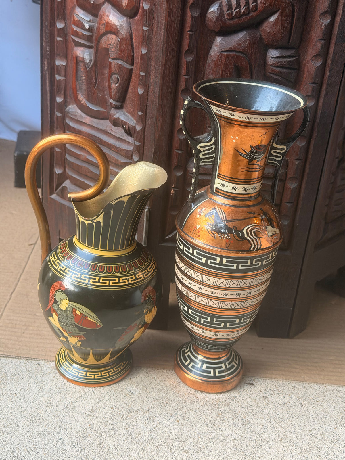 Vintage Greek Copper Vase and Pitcher Pair Hand Painted Chariot Warriors 10.8 in