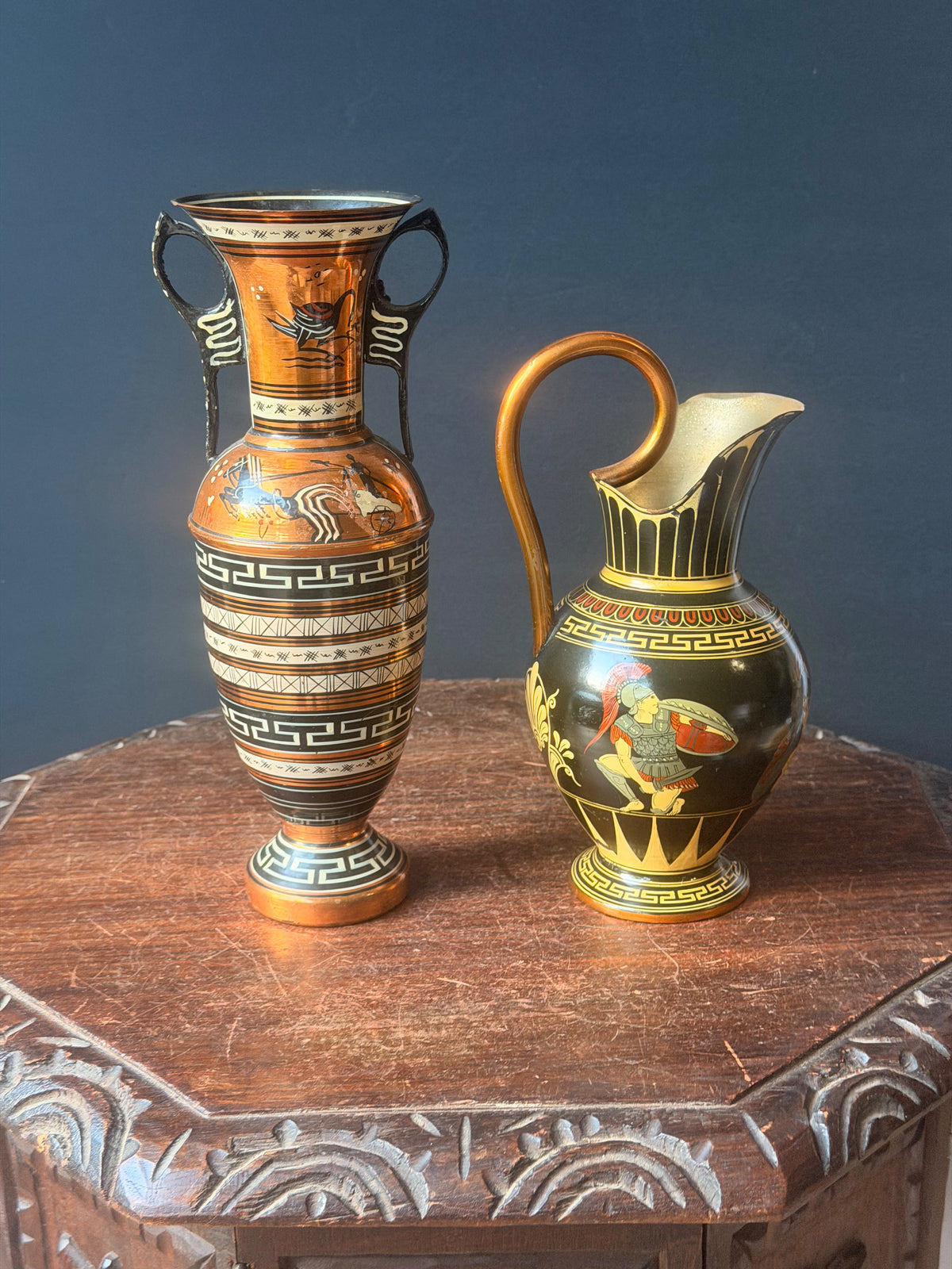 Vintage Greek Copper Vase and Pitcher Pair Hand Painted Chariot Warriors 10.8 in