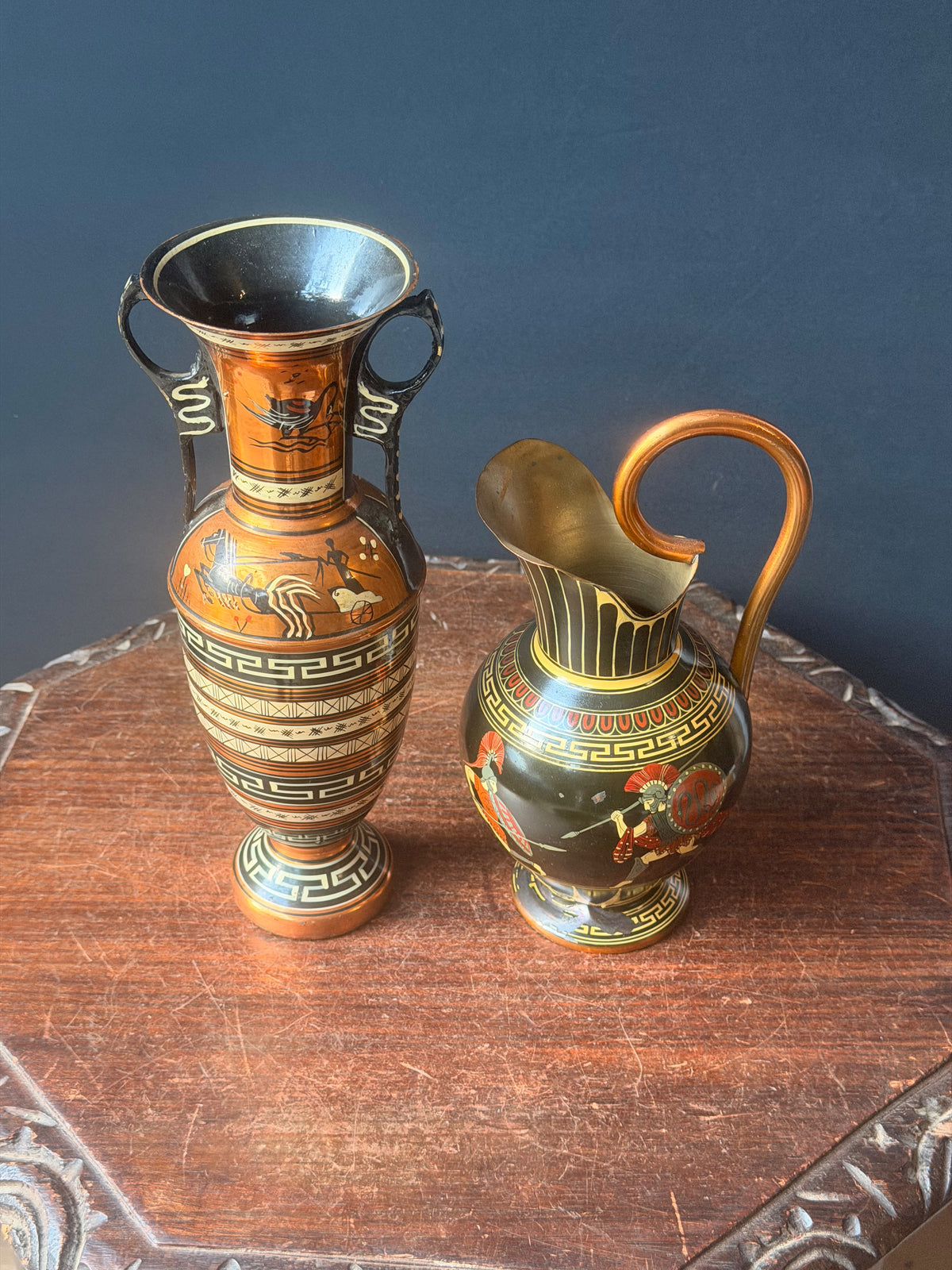 Vintage Greek Copper Vase and Pitcher Pair Hand Painted Chariot Warriors 10.8 in