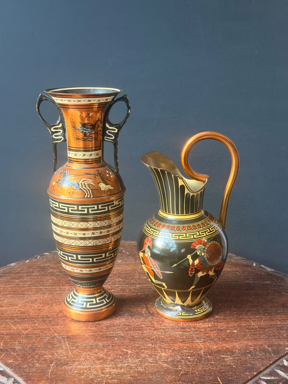 Vintage Greek Copper Vase and Pitcher Pair Hand Painted Chariot Warriors 10.8 in