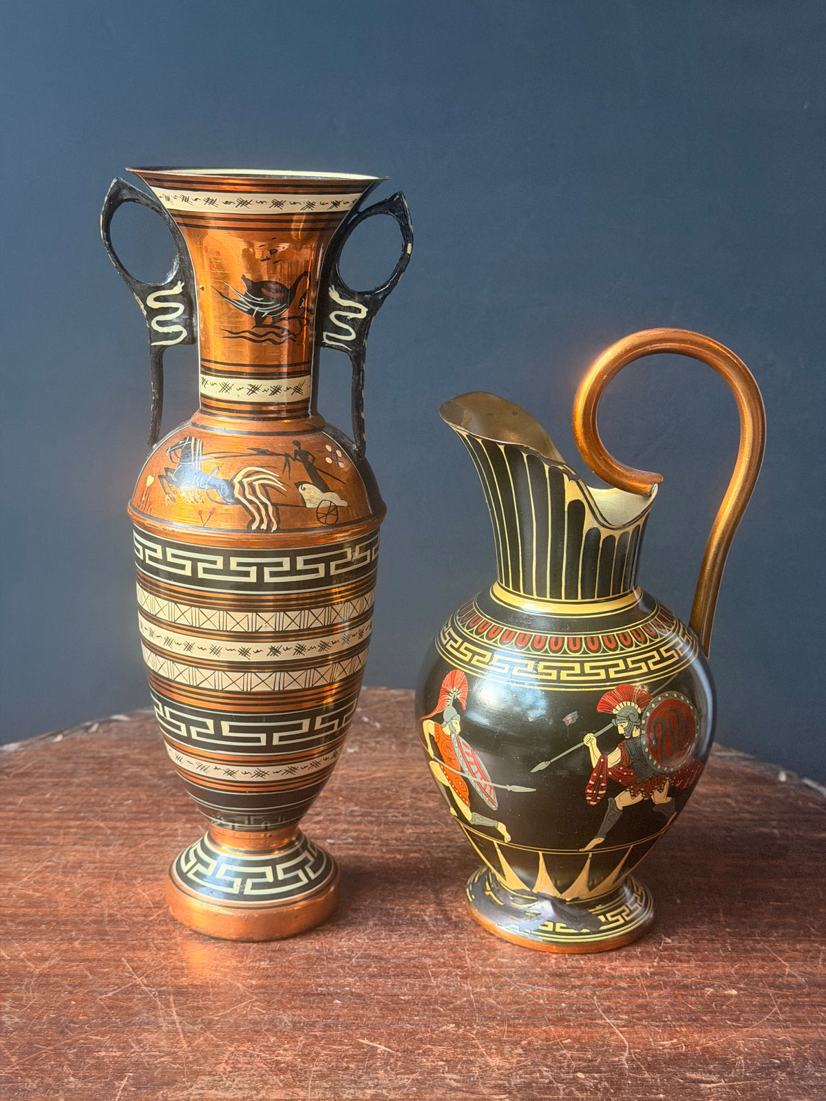 Vintage Greek Copper Vase and Pitcher Pair Hand Painted Chariot Warriors 10.8 in