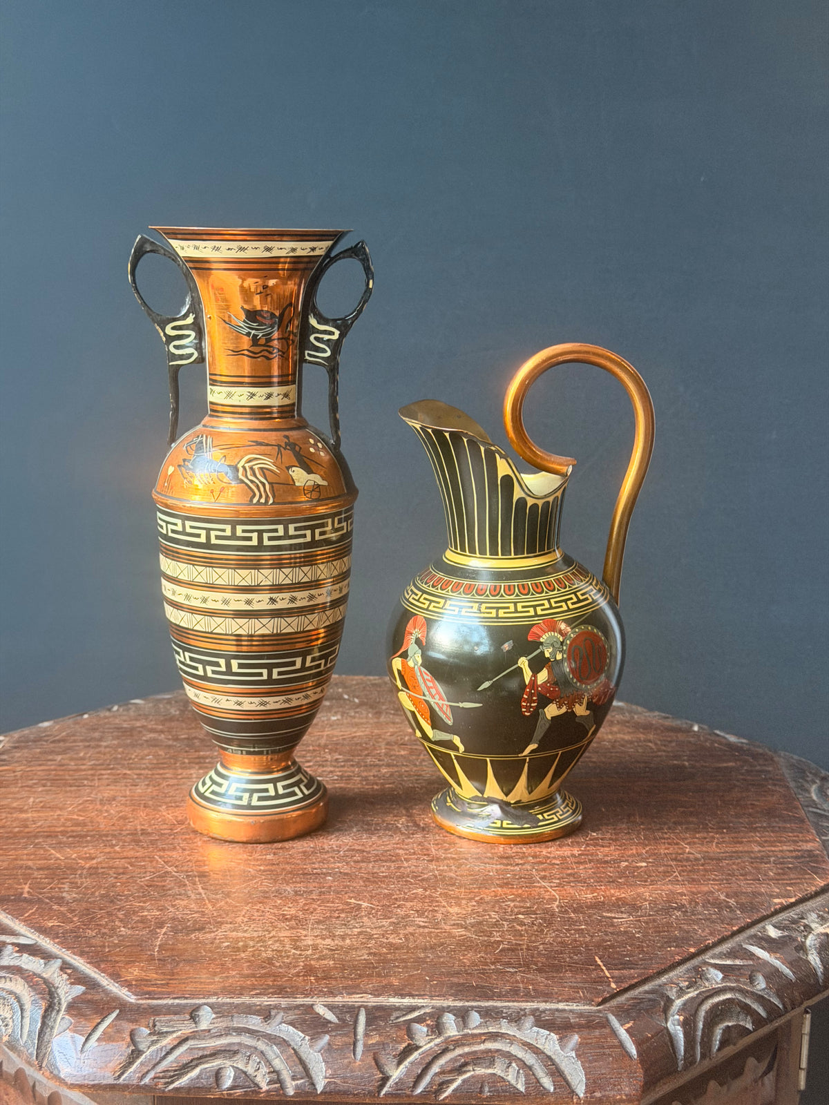 Vintage Greek Copper Vase and Pitcher Pair Hand Painted Chariot Warriors 10.8 in