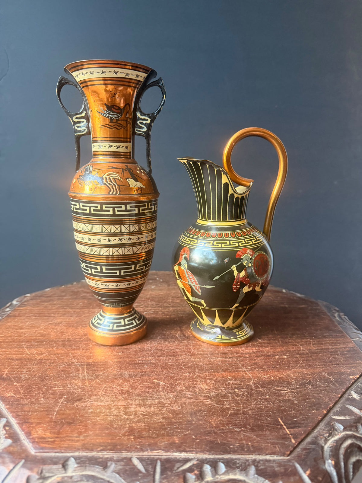 Vintage Greek Copper Vase and Pitcher Pair Hand Painted Chariot Warriors 10.8 in