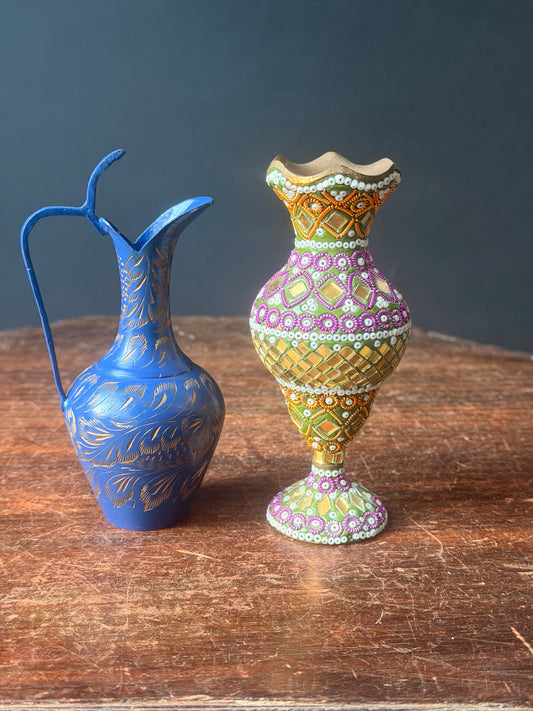 Vintage Indian Brass Pitcher and Mirror Work Vase Pair Blue Etched Beaded 5 in