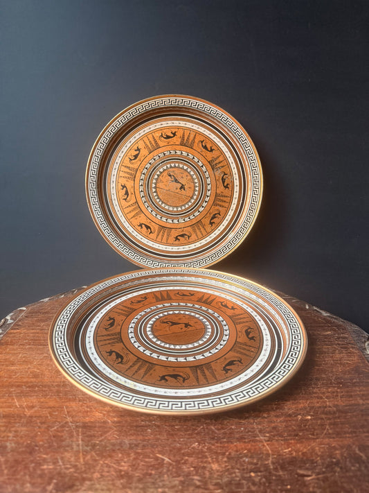 Vintage Grecian Etruscan Metal Trays Pair Greek Key Ibex Copper Tone 11.7 in