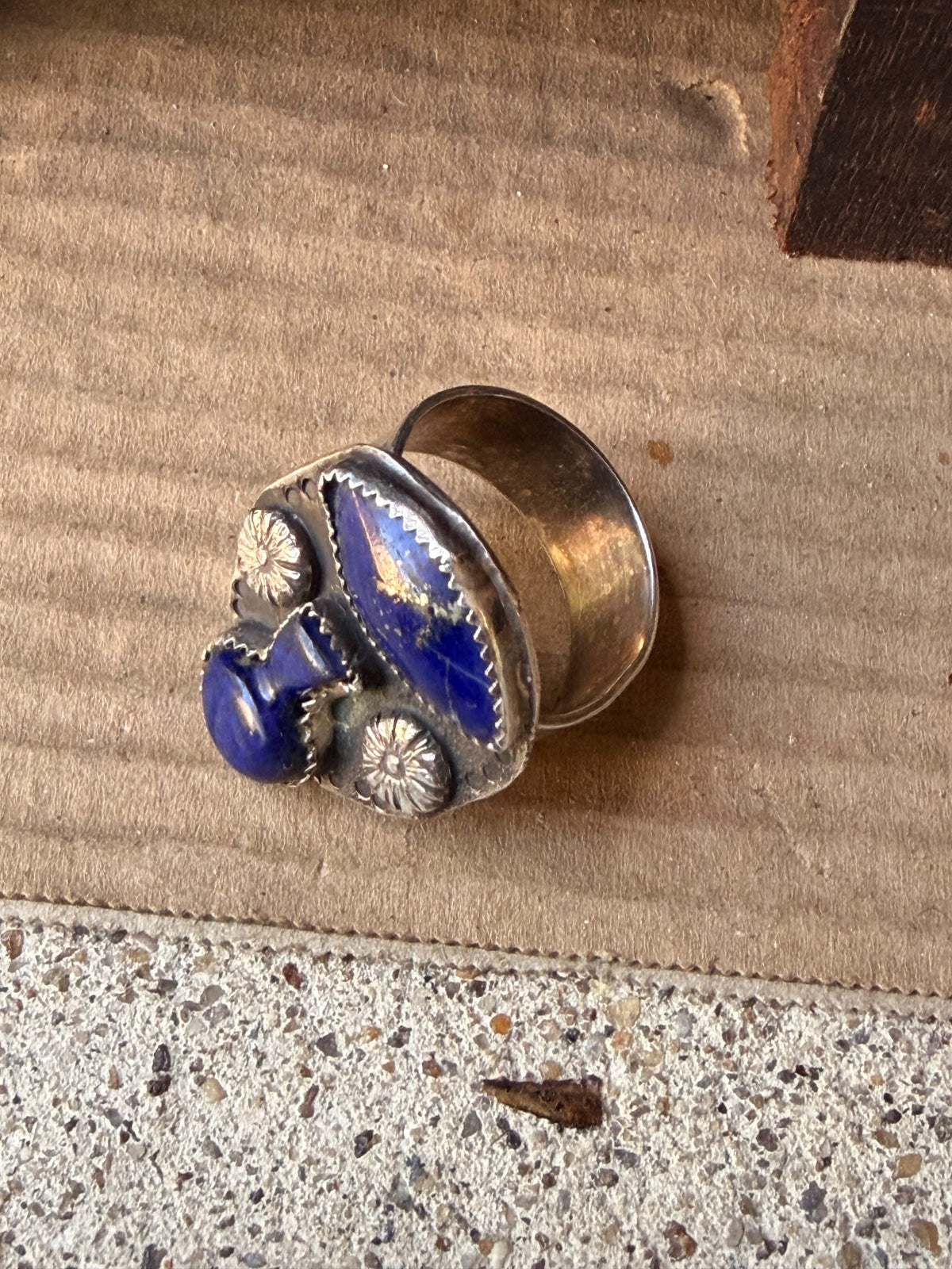 Vintage Southwestern Style Sterling Lapis Lazuli Pot Shape Wide Band Ring Sz 12