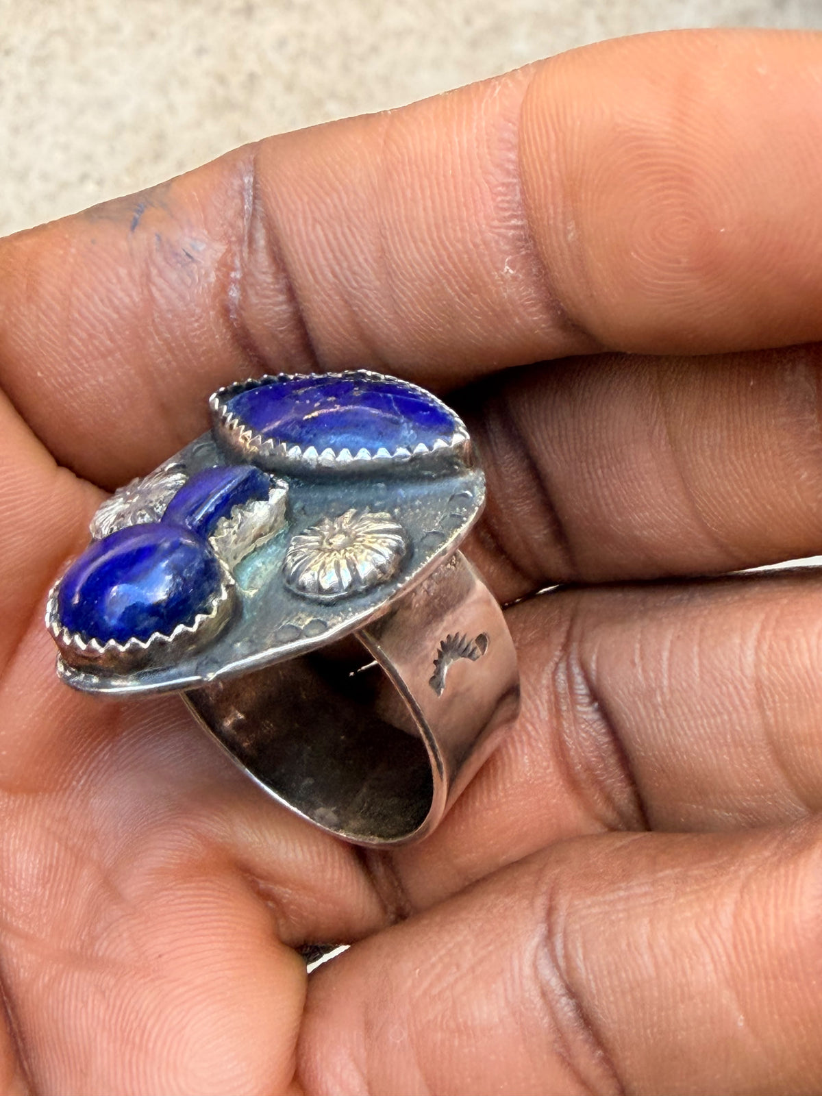 Vintage Southwestern Style Sterling Lapis Lazuli Pot Shape Wide Band Ring Sz 12