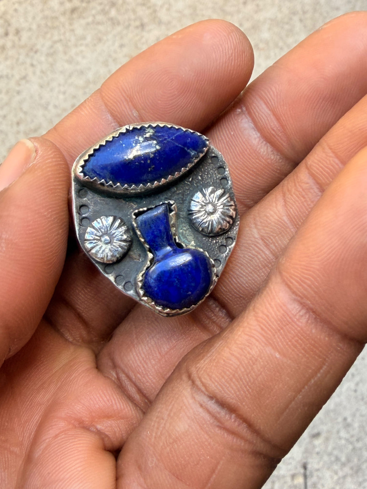 Vintage Southwestern Style Sterling Lapis Lazuli Pot Shape Wide Band Ring Sz 12