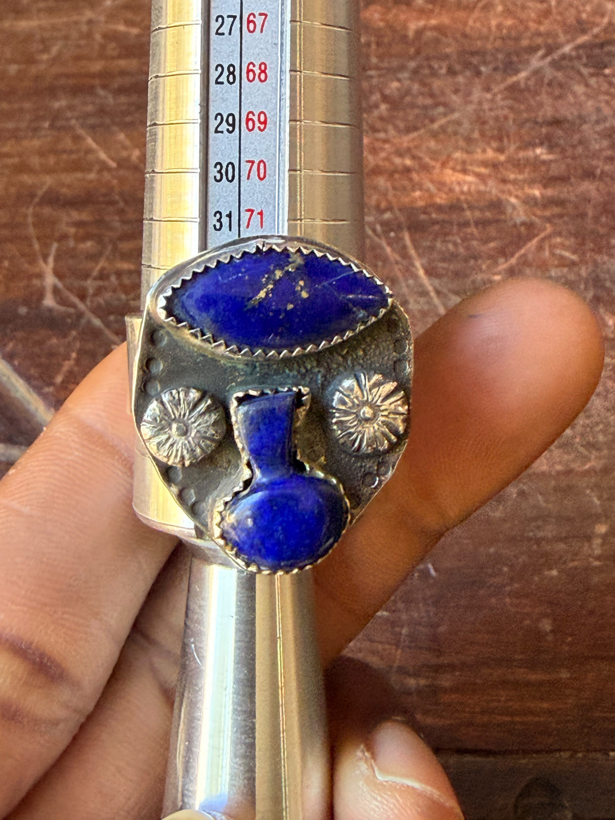 Vintage Southwestern Style Sterling Lapis Lazuli Pot Shape Wide Band Ring Sz 12