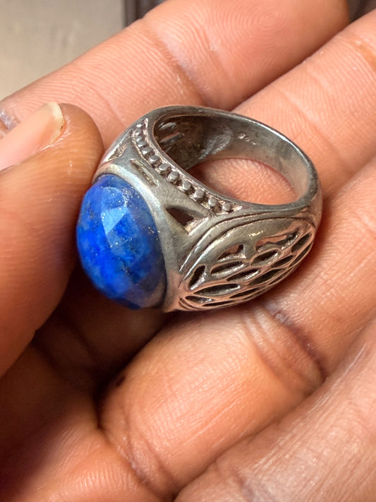 Vintage Sterling Silver Faceted Lapis Lazuli Openwork Dome Statement Ring Size 8