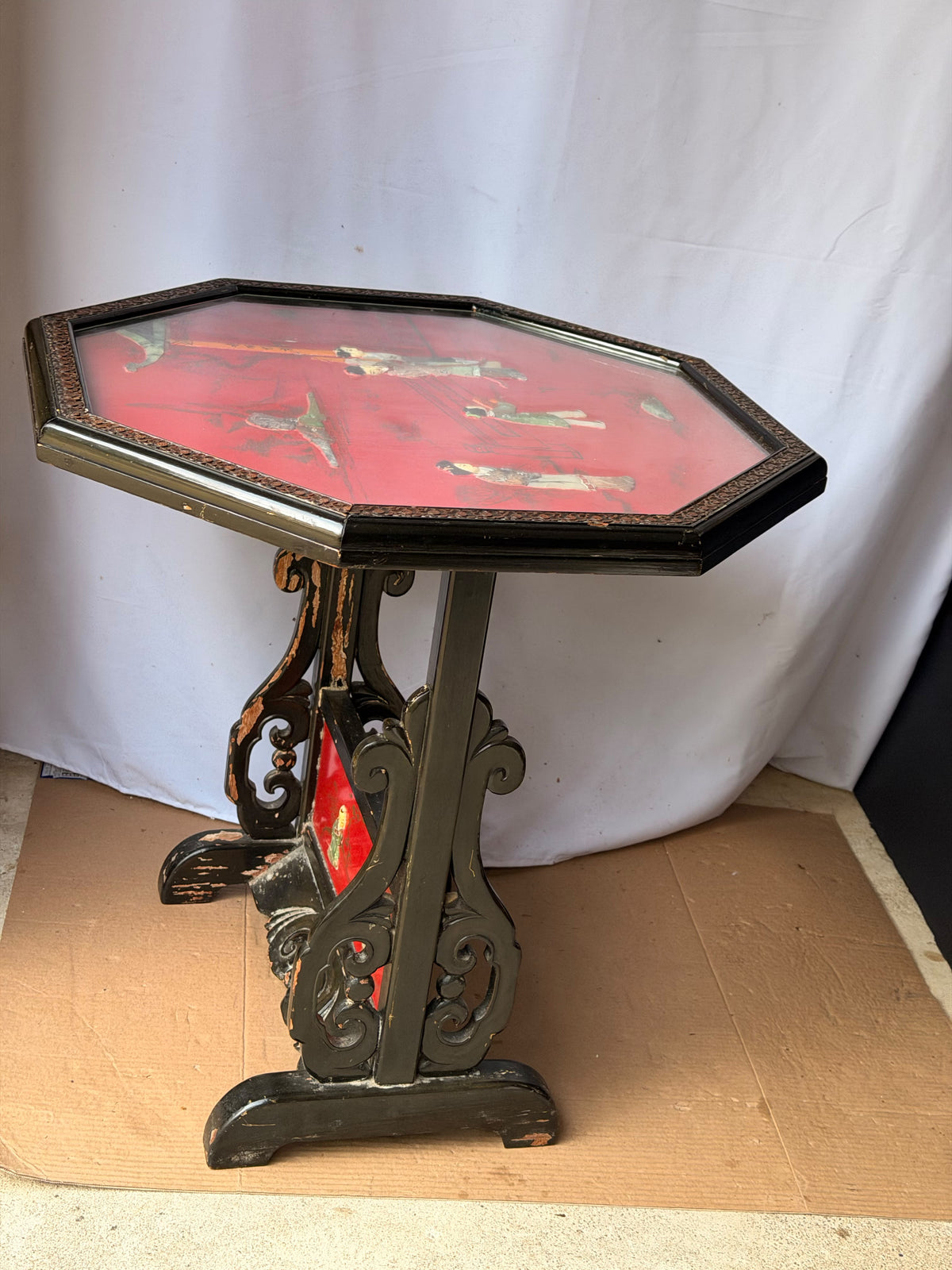 Vintage Chinoiserie Red Lacquer Octagonal Tilt Top Table Carved Stone Figures