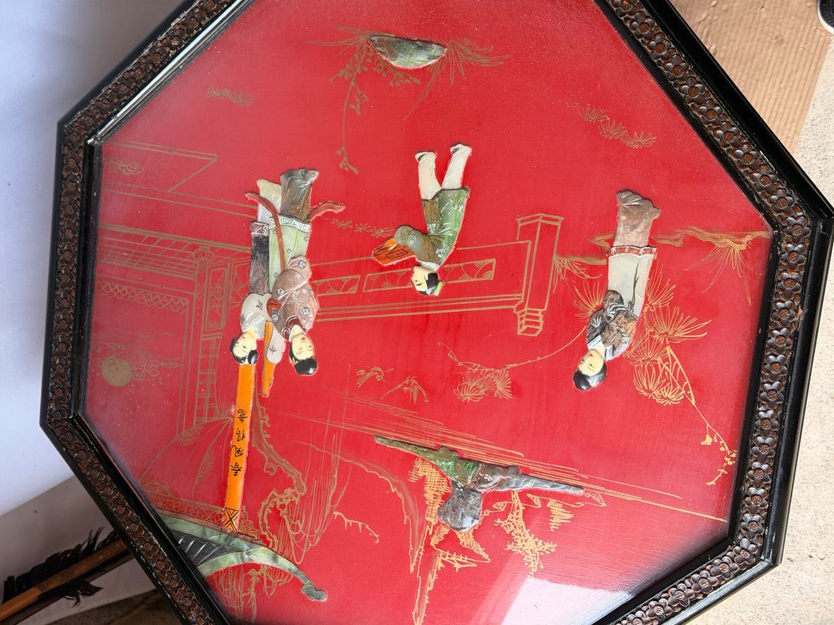 Vintage Chinoiserie Red Lacquer Octagonal Tilt Top Table Carved Stone Figures
