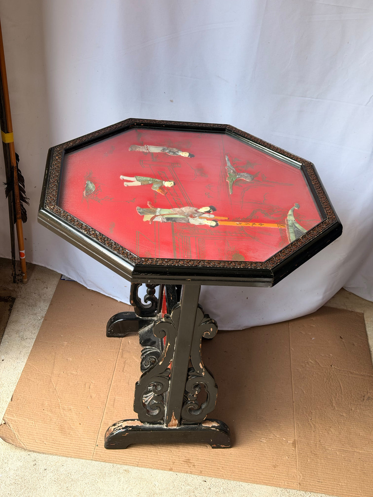 Vintage Chinoiserie Red Lacquer Octagonal Tilt Top Table Carved Stone Figures