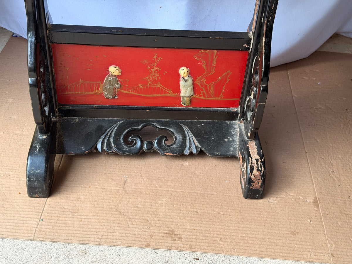 Vintage Chinoiserie Red Lacquer Octagonal Tilt Top Table Carved Stone Figures