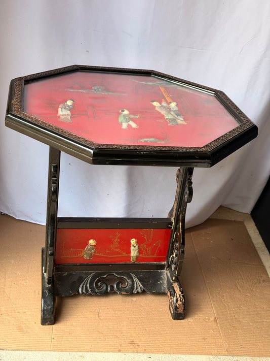Vintage Chinoiserie Red Lacquer Octagonal Tilt Top Table Carved Stone Figures