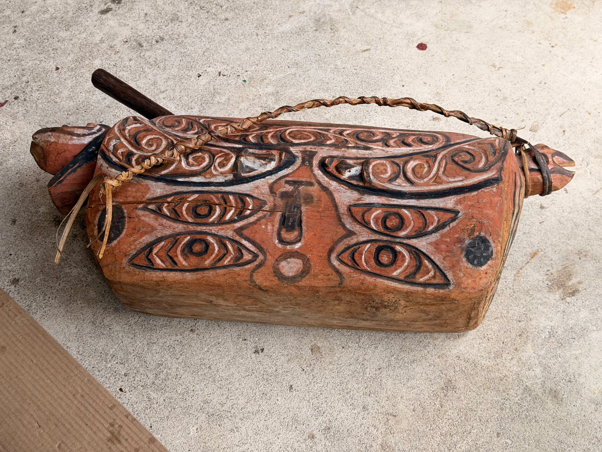 Vintage Sepik River Papua New Guinea Carved Painted Wood Vessel & Beater 28 in