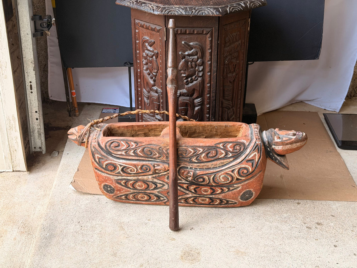 Vintage Sepik River Papua New Guinea Carved Painted Wood Vessel & Beater 28 in