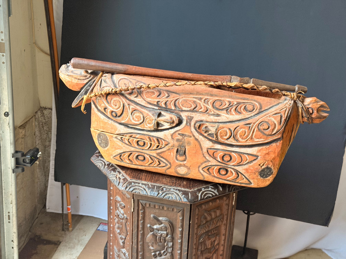Vintage Sepik River Papua New Guinea Carved Painted Wood Vessel & Beater 28 in