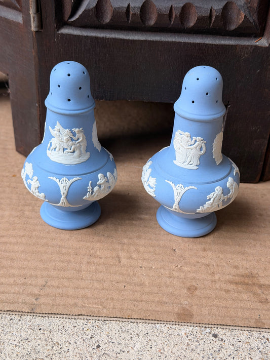 Vintage Wedgwood Pale Blue Jasperware Salt and Pepper Shakers Pair