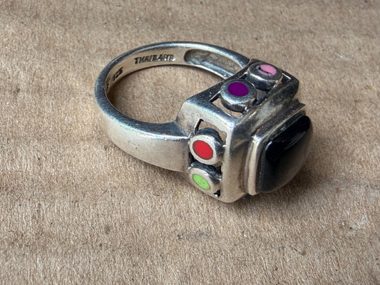 Vintage Thai 925 Sterling Silver Black Onyx Box Ring Multicolor Inlay Size 5