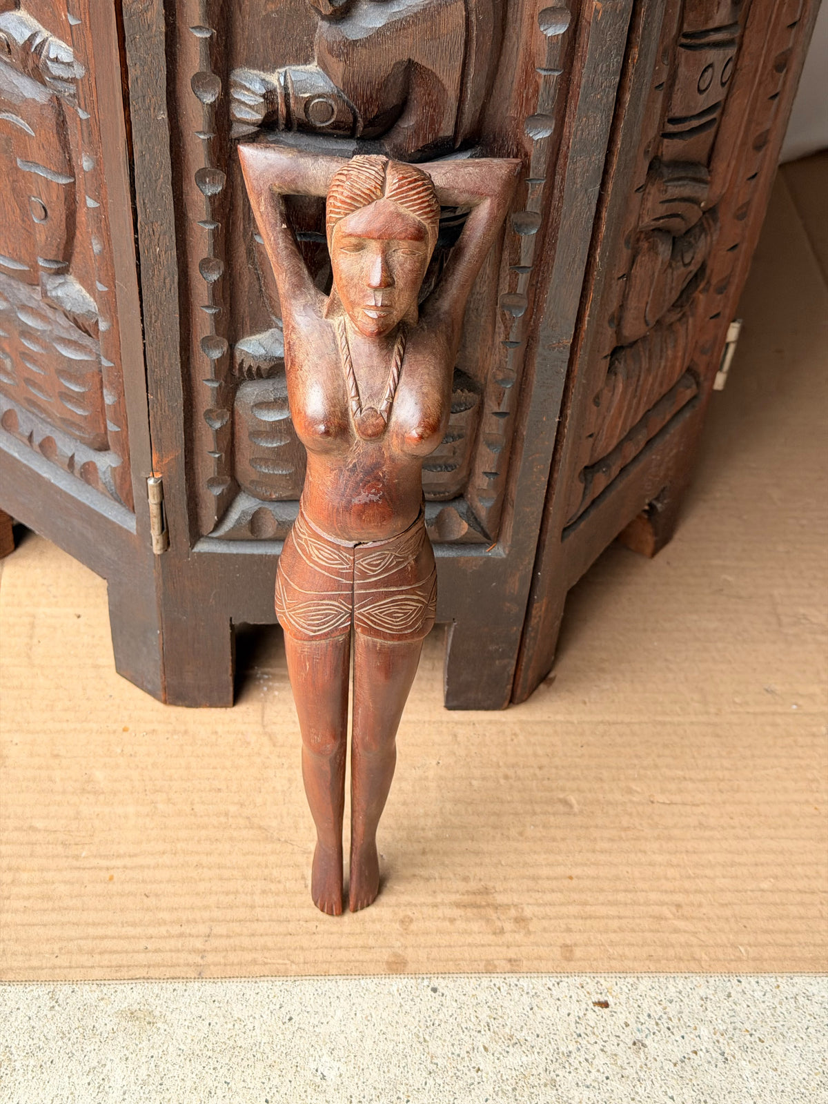Vintage Hand Carved Wood Nude Woman Figural Nutcracker Folk Art Barware 12 in