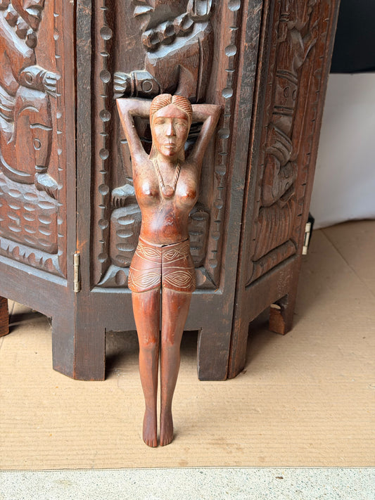 Vintage Hand Carved Wood Nude Woman Figural Nutcracker Folk Art Barware 12 in