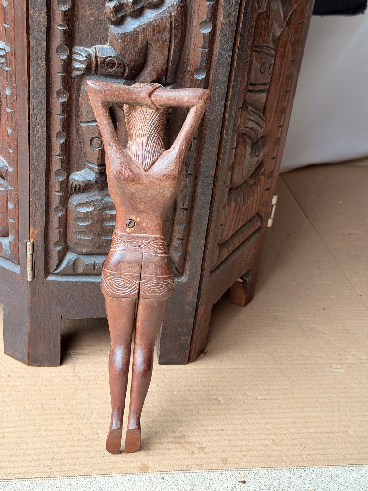 Vintage Hand Carved Wood Nude Woman Figural Nutcracker Folk Art Barware 12 in