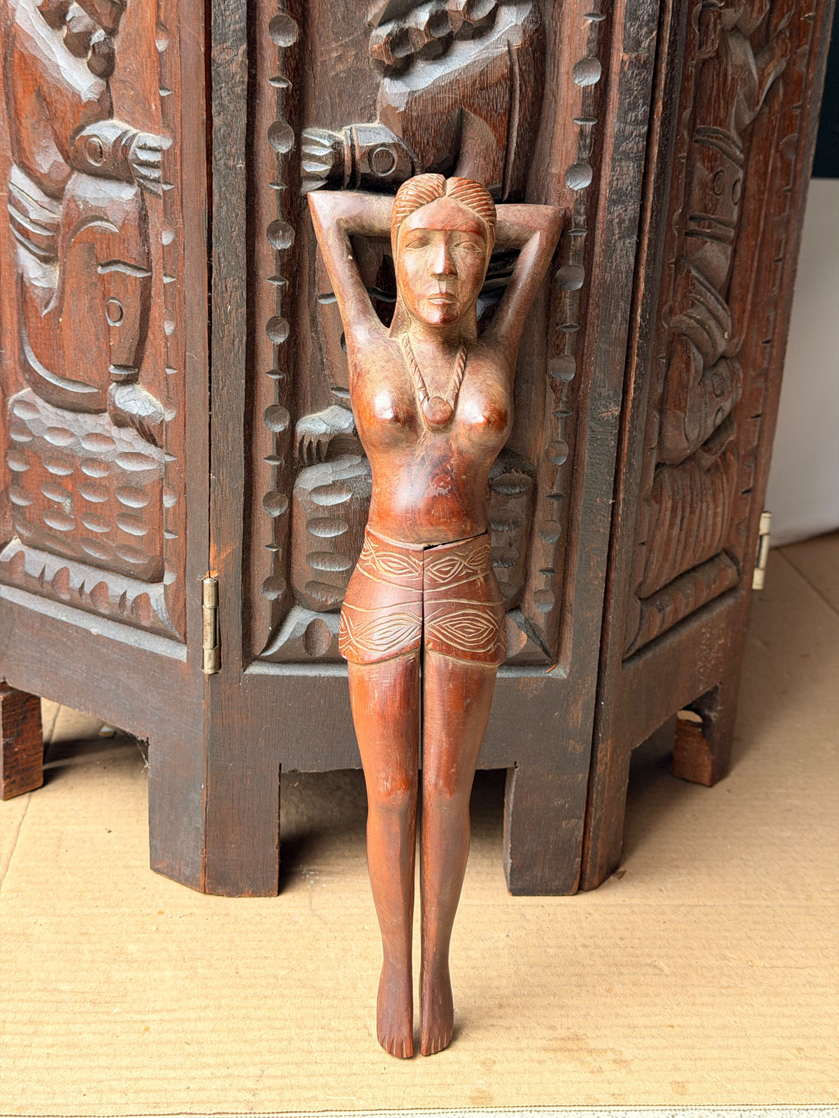 Vintage Hand Carved Wood Nude Woman Figural Nutcracker Folk Art Barware 12 in