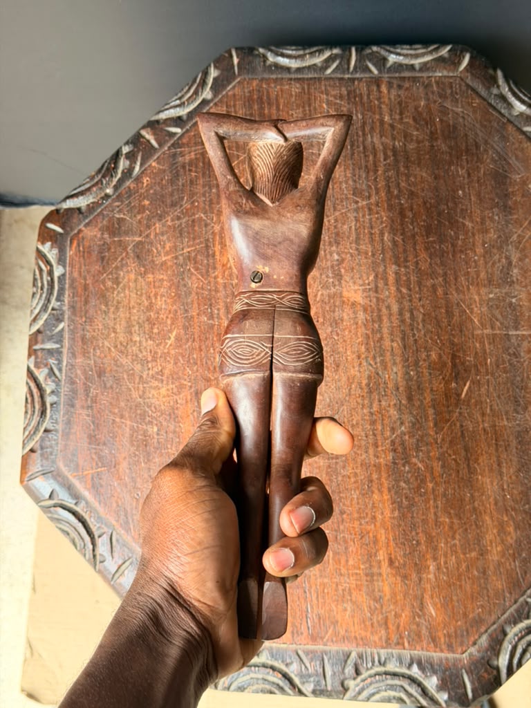 Vintage Hand Carved Wood Nude Woman Figural Nutcracker Folk Art Barware 12 in