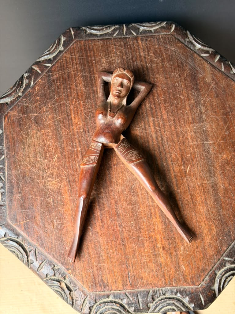 Vintage Hand Carved Wood Nude Woman Figural Nutcracker Folk Art Barware 12 in