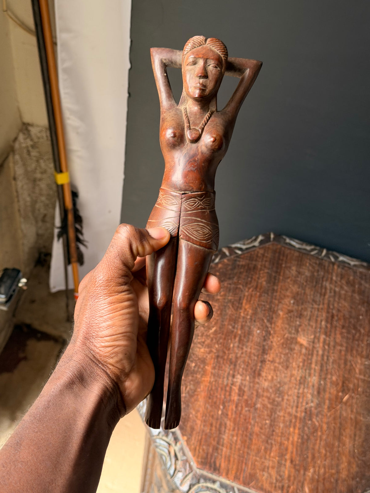 Vintage Hand Carved Wood Nude Woman Figural Nutcracker Folk Art Barware 12 in