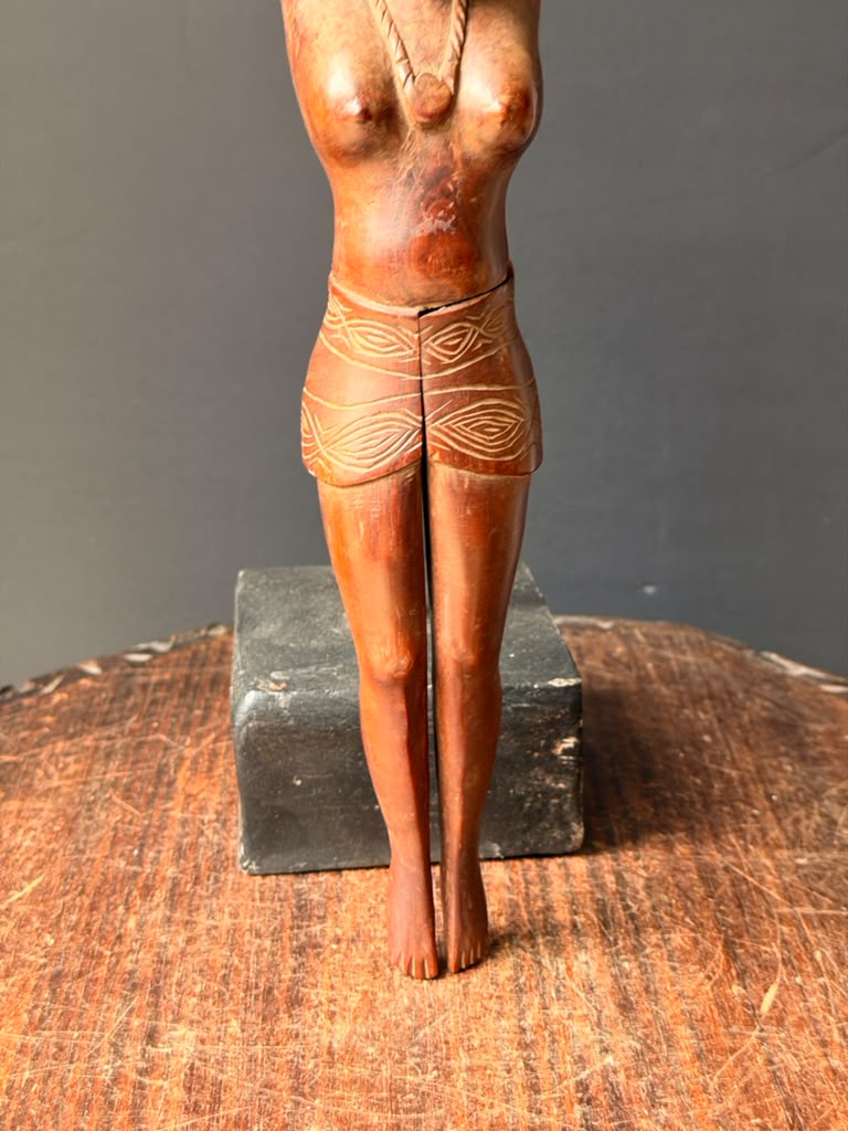 Vintage Hand Carved Wood Nude Woman Figural Nutcracker Folk Art Barware 12 in