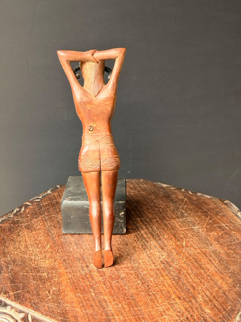 Vintage Hand Carved Wood Nude Woman Figural Nutcracker Folk Art Barware 12 in