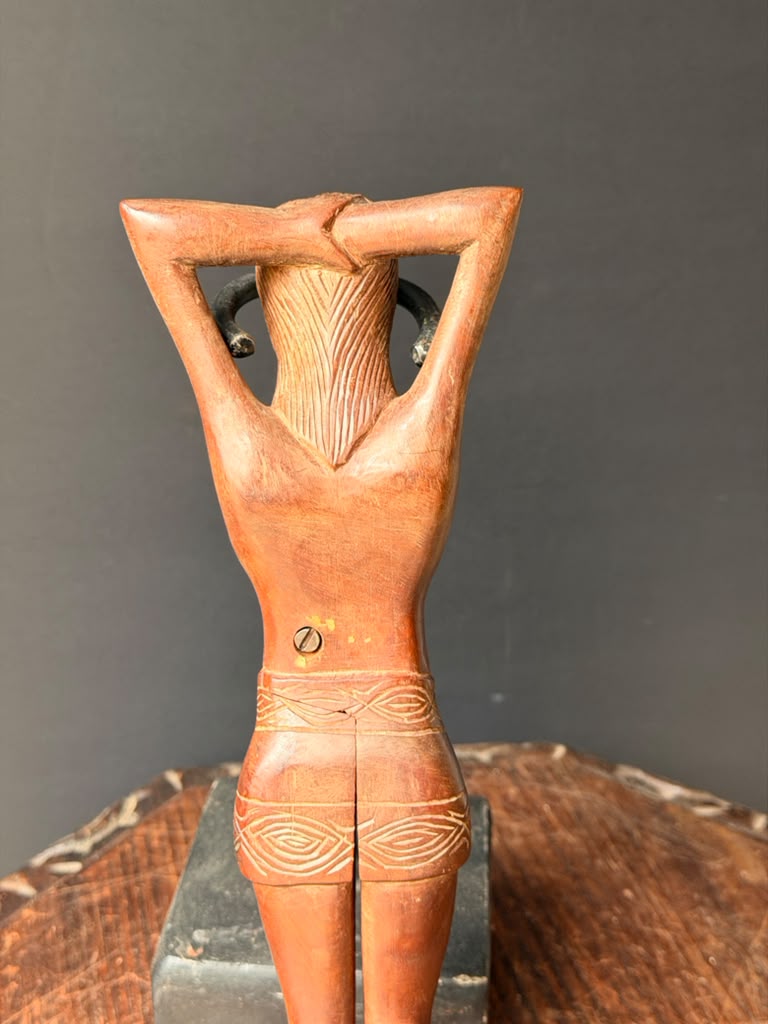 Vintage Hand Carved Wood Nude Woman Figural Nutcracker Folk Art Barware 12 in