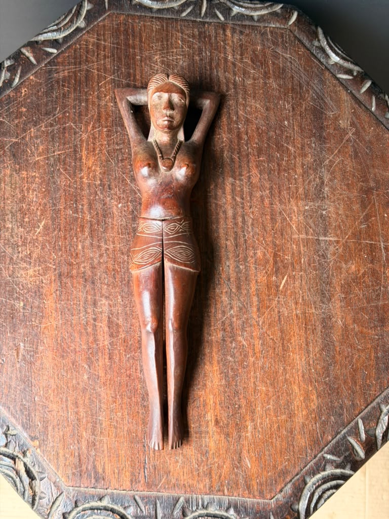 Vintage Hand Carved Wood Nude Woman Figural Nutcracker Folk Art Barware 12 in