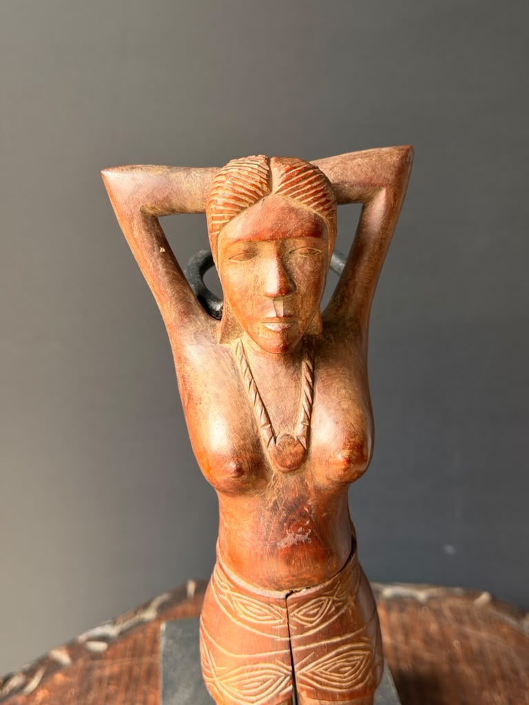 Vintage Hand Carved Wood Nude Woman Figural Nutcracker Folk Art Barware 12 in