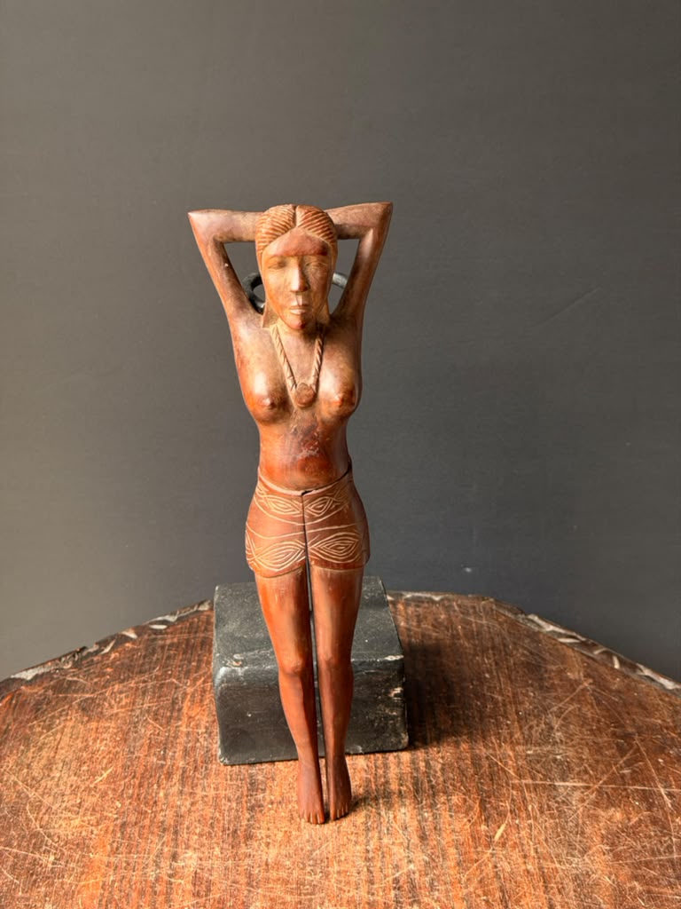 Vintage Hand Carved Wood Nude Woman Figural Nutcracker Folk Art Barware 12 in