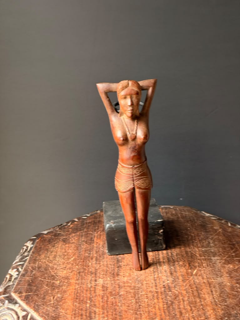 Vintage Hand Carved Wood Nude Woman Figural Nutcracker Folk Art Barware 12 in